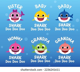 Set of Baby Shark Birthday Illustrations. happy child party in ocean style. Cartoon sharks characters.