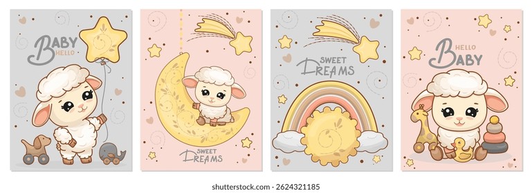 Set. Baby shower banner, invitation, arrival greeting card design template. Baby welcome background. Vector hand drawn illustration