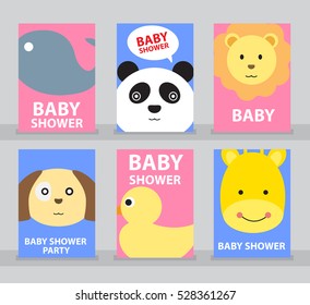 Set of Baby shower, Baby shower card, Happy birthday, Greeting card, Invitation card, Animal card, Baby cartoon vector illustration.  