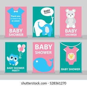 Set of Baby shower, Baby shower card, Happy birthday, Greeting card, Invitation card, Animal card, Baby cartoon vector illustration.  