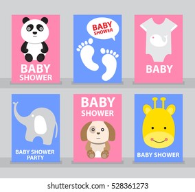 Set of Baby shower, Baby shower card, Happy birthday, Greeting card, Invitation card, Animal card, Baby cartoon vector illustration.  
