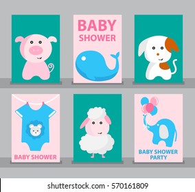 Set of Baby shower, Baby shower card, Happy birthday, Greeting card, Invitation card, Animal card, bear, dog, elephant, sheep, whale, pig. Baby cartoon vector illustration.