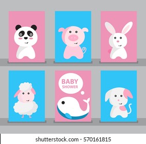 Set of Baby shower, Baby shower card, Happy birthday, Greeting card, Invitation card, Animal card, panda, dog, rabbit, sheep, whale, pig. Baby cartoon vector illustration.