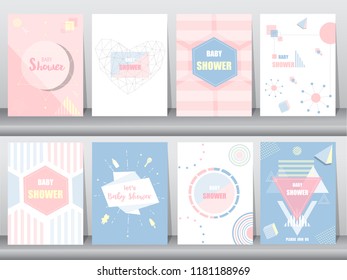 Set of baby shower card on retro pattern design,vintage,poster,template,greeting,Vector illustrations 