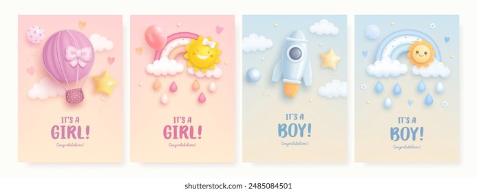 Set of baby shower card, poster, invitation design template with rocket, rainbow, sun, hot air balloon on colorful background. Its a girl, its a boy. Vector illustration