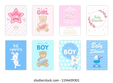 Set of baby shower cards, birthday card, greeting card, rabbit, flora, teddy bear cute cartoon illustration