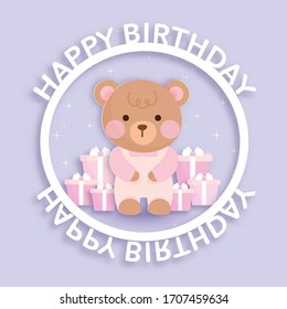 Set of baby shower cards and birthday cards with cute bear and gift boxes .