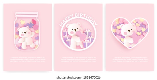 Set of baby shower cards and birthday cards with cute bear .