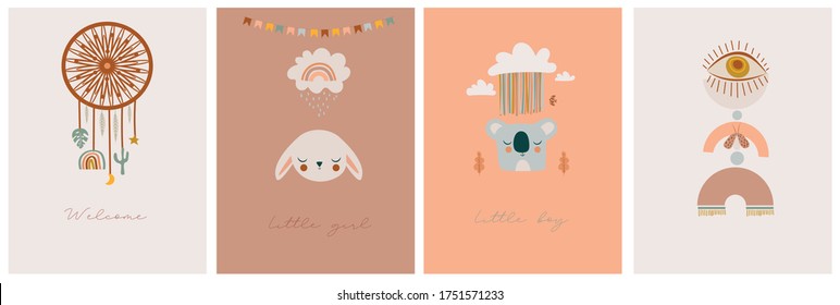 Set of Baby Shower cards with cute boho elements for kids, decorative doodle and animals. Editable Vector illustration.