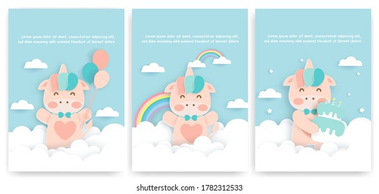 Set of baby shower cards with cute unicorn .