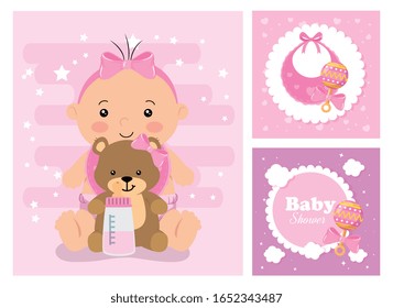 set of baby shower cards with decoration vector illustration design