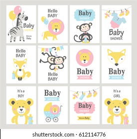 Set of baby shower cards on white background. Vector illustrations