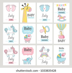 Set of baby shower cards. Vector illustrations