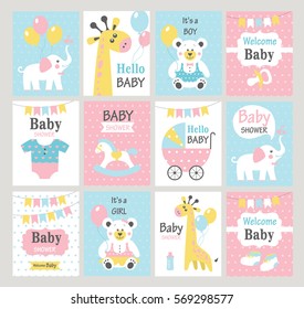 Set of baby shower cards. Vector illustrations
