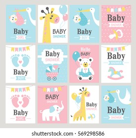 Set of baby shower cards. Vector illustrations
