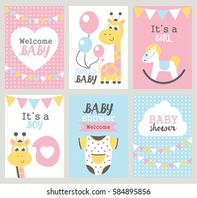 Set of baby shower cards. Vector illustrations