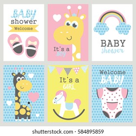 Set of baby shower cards. Vector illustrations
