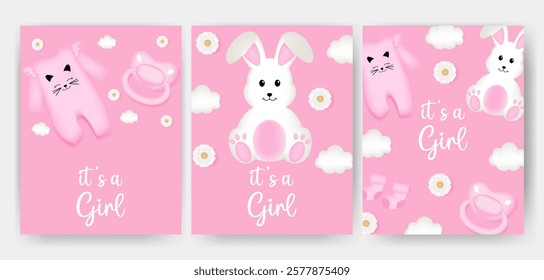 Set of baby shower design with bunny, sky, socks, pacifier and dress on pink background. It's a girl design.