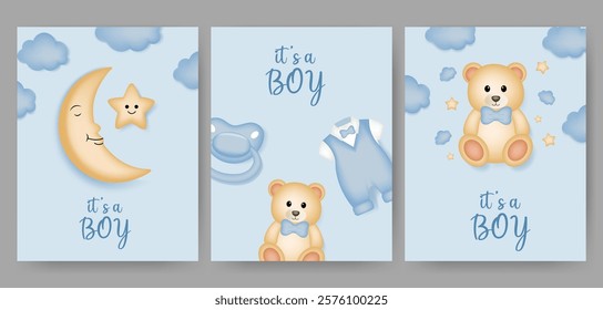 Set of baby shower design with moon, star, teddy bear, pacifier and dress on blue background. It's a boy design.