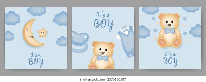 Set of baby shower design with moon, star, teddy bear, pacifier and dress on blue background. It's a boy design.