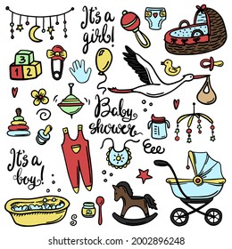 Set of baby shower design vector illustration icons, hand drawn baby care elements, Baby boy shower design icons, children's boy clothing, toy, bib, nappy, carriage, socks, bottle, baby foot print