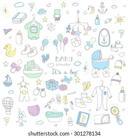 Set of baby shower design vector illustration icons, hand drawn baby care elements, Baby boy shower design icons, children's boy clothing, toy, bib, nappy, carriage, socks, bottle, baby foot print