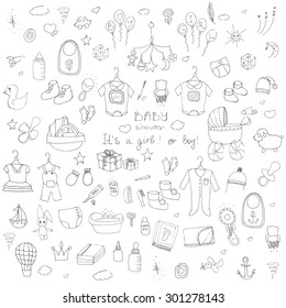 Set of baby shower design vector illustration icons, hand drawn baby care elements, Baby boy and girl shower design icons, kid's clothing, toy, bib, nappy, carriage, socks, bottle, baby foot print