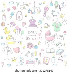 Set of baby shower design vector illustration icons, hand drawn baby care elements, Baby girl shower design icons, children's girl clothing, toy, bib, nappy, carriage, socks, bottle, baby foot print