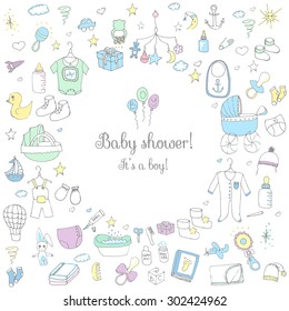 Set of baby shower design vector illustration icons, hand drawn baby care elements, Baby boy shower design icons, children's boy clothing, toy, bib, nappy, carriage, socks, bottle, baby foot print