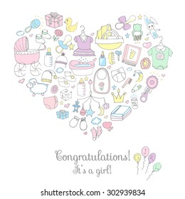 Set of baby shower design vector illustration icons, hand drawn baby care elements, it's a baby girl design icons, children's girl clothing, toy, bib, nappy, carriage, socks, bottle, baby foot print