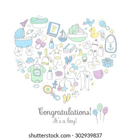 Set of baby shower design vector illustration icons, hand drawn baby care elements, It's a baby boy design icons, children's boy clothing, toy, bib, nappy, carriage, socks, bottle, baby foot print