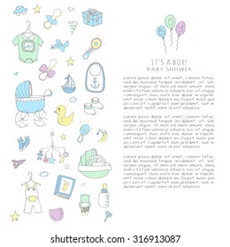 Set of baby shower design vector illustration icons, hand drawn baby care elements, Baby boy shower design icons, children's boy clothing, toy, bib, nappy, carriage, socks, bottle, baby foot print