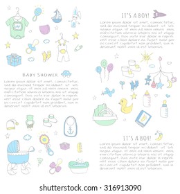 Set of baby shower design vector illustration icons, hand drawn baby care elements, Baby boy shower design icons, children's boy clothing, toy, bib, nappy, carriage, socks, bottle, baby foot print