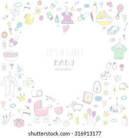 Set of baby shower design vector illustration icons, hand drawn baby care elements, Baby girl shower design icons, children's girl clothing, toy, bib, nappy, carriage, socks, bottle, baby foot print