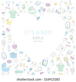 Set of baby shower design vector illustration icons, hand drawn baby care elements, Baby boy shower design icons, children's boy clothing, toy, bib, nappy, carriage, socks, bottle, baby foot print