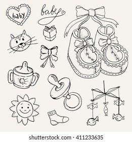 Set of baby shower design vector illustration icons, hand drawn baby set.
