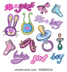 Set of baby shower design vector illustration, hand drawn baby set. Doodle baby born set.