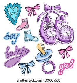 Set of baby shower design vector illustration, hand drawn baby set. Doodle baby born set.
