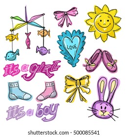 Set of baby shower design vector illustration, hand drawn baby set. Doodle baby born set.