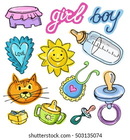 Set of baby shower design vector illustration, hand drawn doodle  baby set.