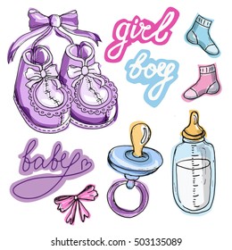 Set of baby shower design vector illustration, hand drawn doodle  baby set.