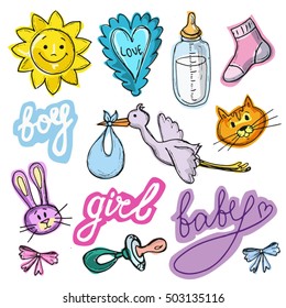 Set of baby shower design vector illustration, hand drawn doodle  baby set.