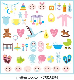 Set of baby shower elements isolated on white background. Vector illustration
