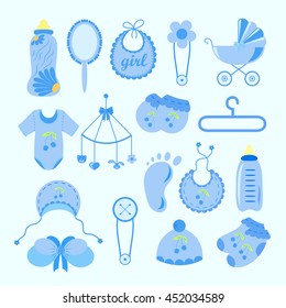 Set of baby shower elements isolated on white background. Vector illustration.