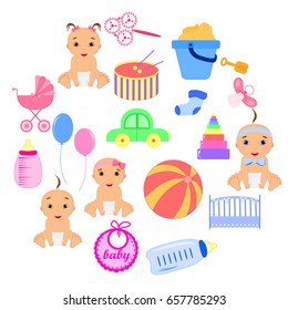 Set of baby shower elements isolated on white background.