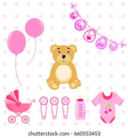 Set of baby shower elements isolated on white background.