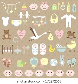 Set of baby shower elements. Vector illustration