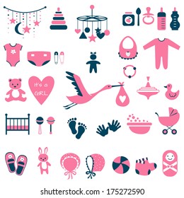 Set of baby shower flat elements isolated on white background. Vector illustration