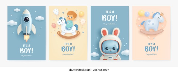 Set of baby shower greeting card or invitation with cartoon 3d baby boy, rocket, rabbit astronaut, rocking horse on blue and beige background. It's a boy. Vector illustration