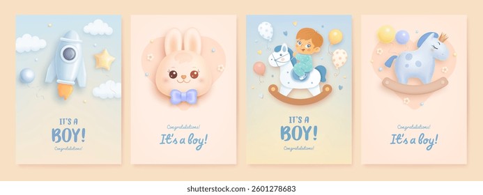 Set of baby shower greeting card or invitation with cartoon 3d baby boy, rocket, rabbit, rocking horse on blue background. It's a boy. Vector illustration